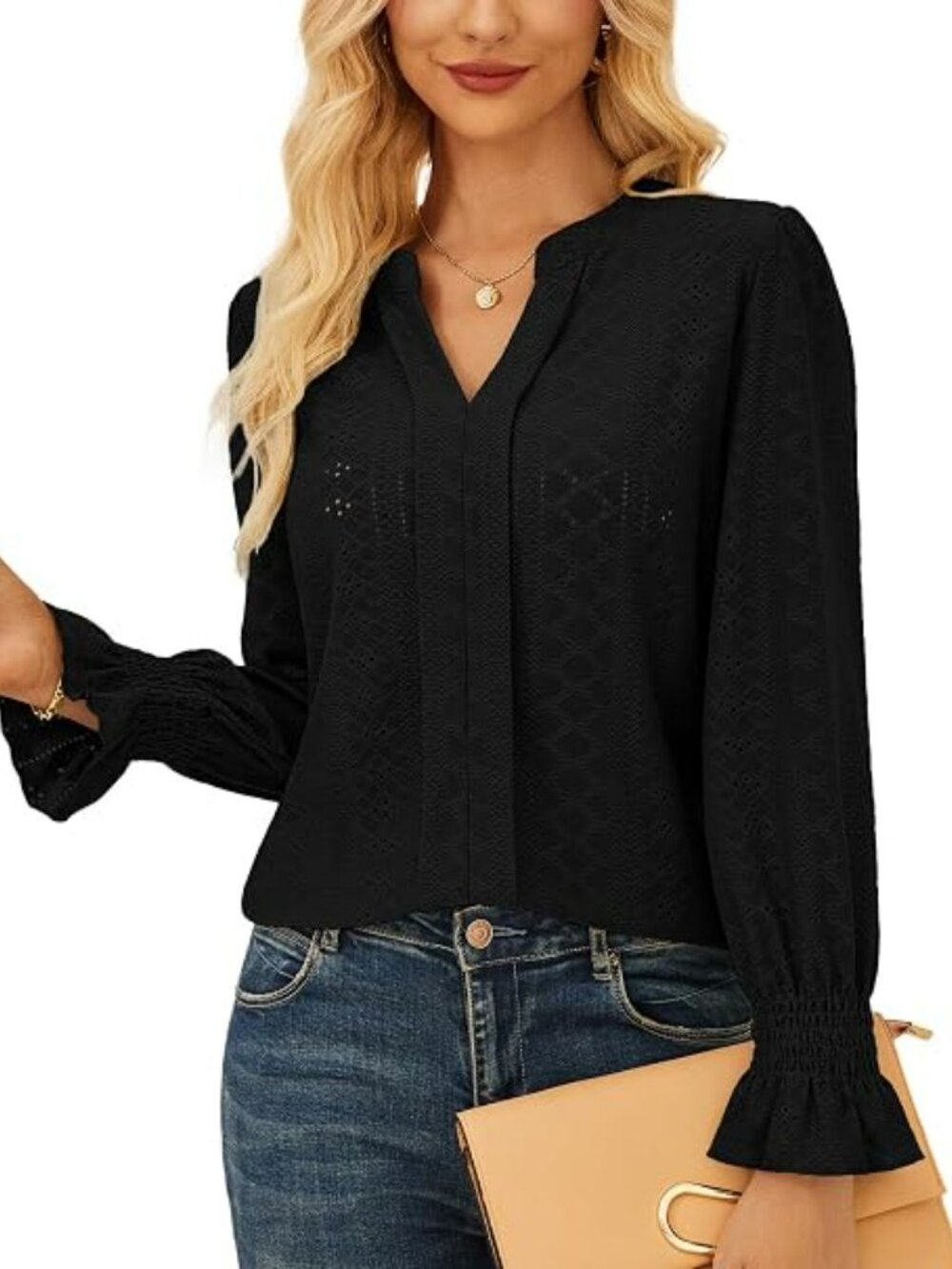 Grace Karin Black Lace Eyelet Long Sleeve Blouse